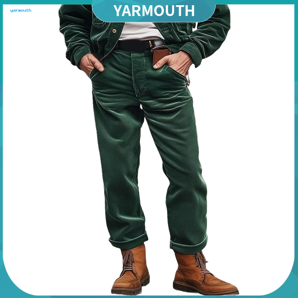 Zippered Casual Bottoms Loose Fit Trousers Men's Corduroy Pants with Pockets Button Zipper Closure Solid Color Business