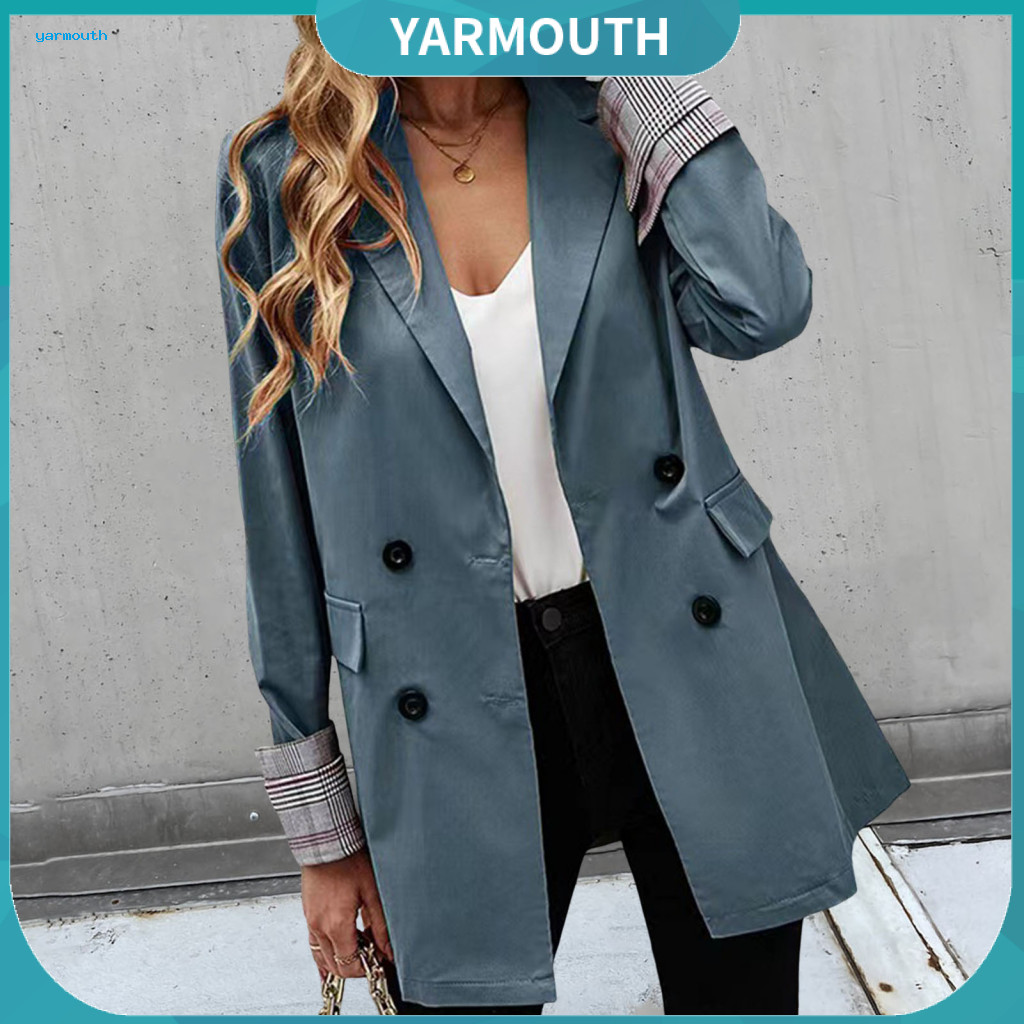 Women Suit Jacket Lapel Long Sleeve Coat Women’s Business Double Breasted Blazer with Collar Striped Cuffs Flap Pocket