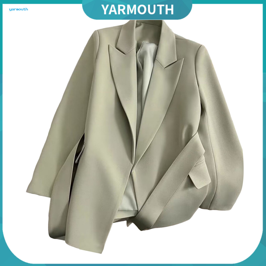 Women Casual Suit Coat Women’s Business Jacket with Pockets – Lapel Collar Long Sleeve Lace-up Detail Solid Color Lo