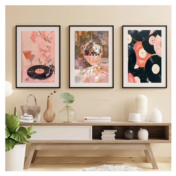Quadros decorativos Vintage vinil record eclético hot pink mirrorball, disco ball (3 peças)