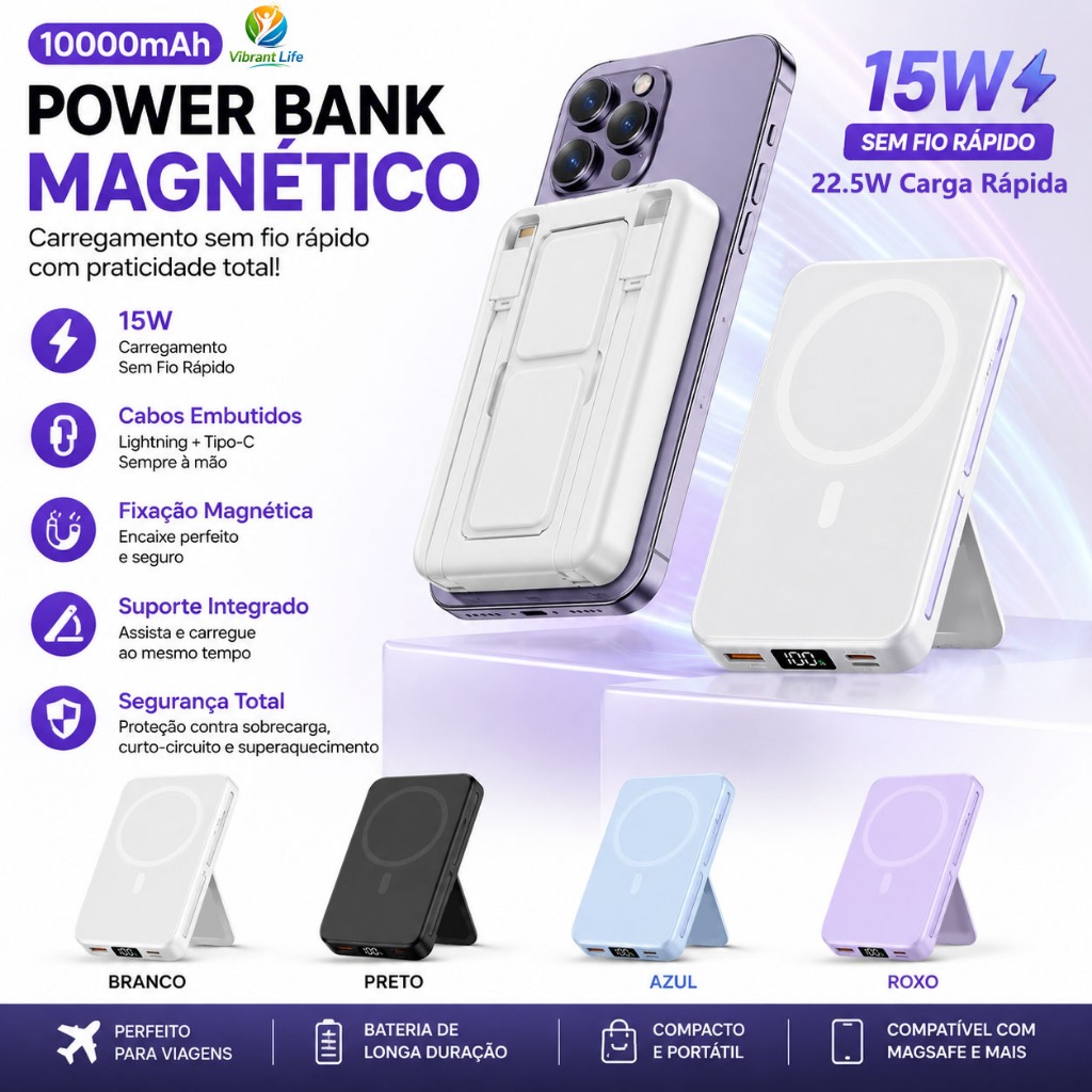 Power Bank Magnético 10000mAh 15W Sem Fio + 22.5W Fast Charge com Cabo Embutido e Suporte