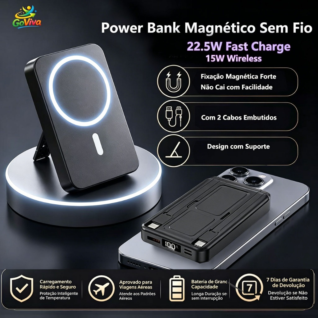 Power Bank Magnético 10000mAh 15W Sem Fio 22.5W Fast Charge com Suporte