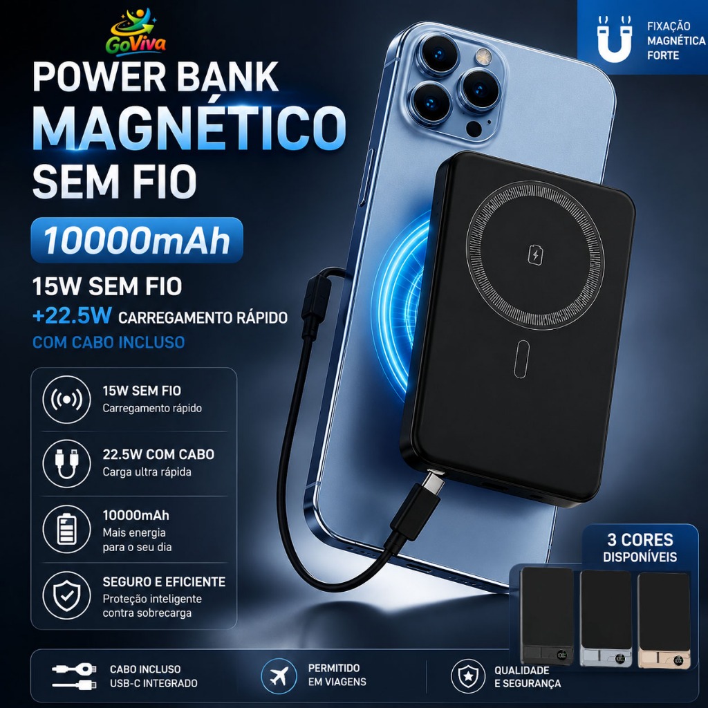 Power Bank Magnético 10000mAh 15W Sem Fio 22.5W Fast Charge com Cabo Embutido