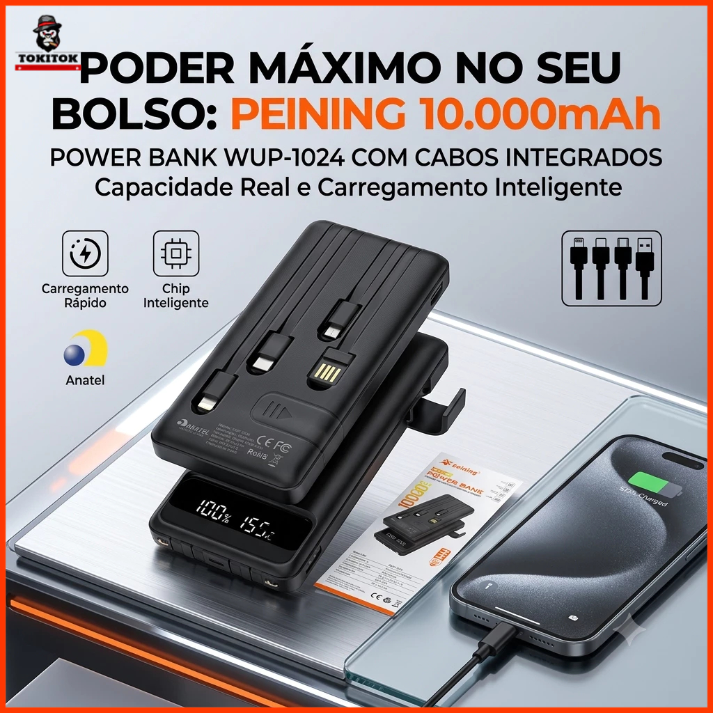 Power Bank 10000mAh WUP-1024 Com Cabos Integrados Display Digital Carregamento Fast Suporte Celular