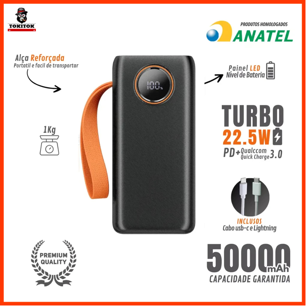 Carregador Portátil 50000mAh Power Bank 22.5W PD USB Tipo-C Carga Rápida MAX-0573