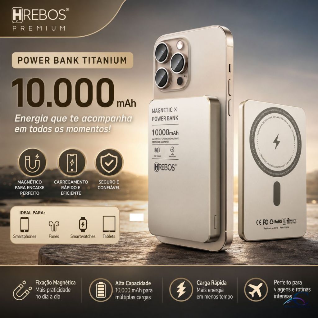 Power Bank Hrebos 10.000mAh Magnético 22,5W Turbo Fast Charge Titanium PB-909