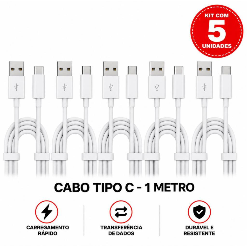 Cabo Tipo C Compatível Iphone e Android Carregador Carregamento Rápido Turbo Atacado 1, 2, 3 e 5 Unidades
