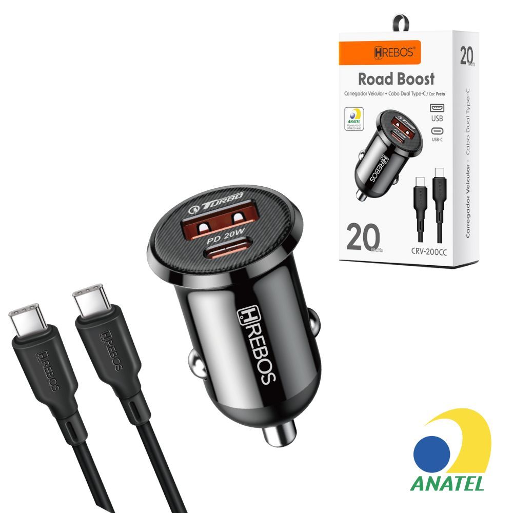 Kit Carregador Veicular Hrebos 20w Turbo Duplo USB A + Type C Compatível Android iPhone  15 e 16 Pro Max