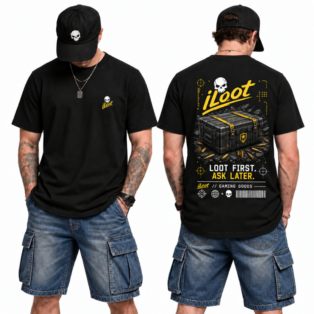 Camiseta Gamer iLoot Loot First Ask Later Preta Estampa Costas Gaming