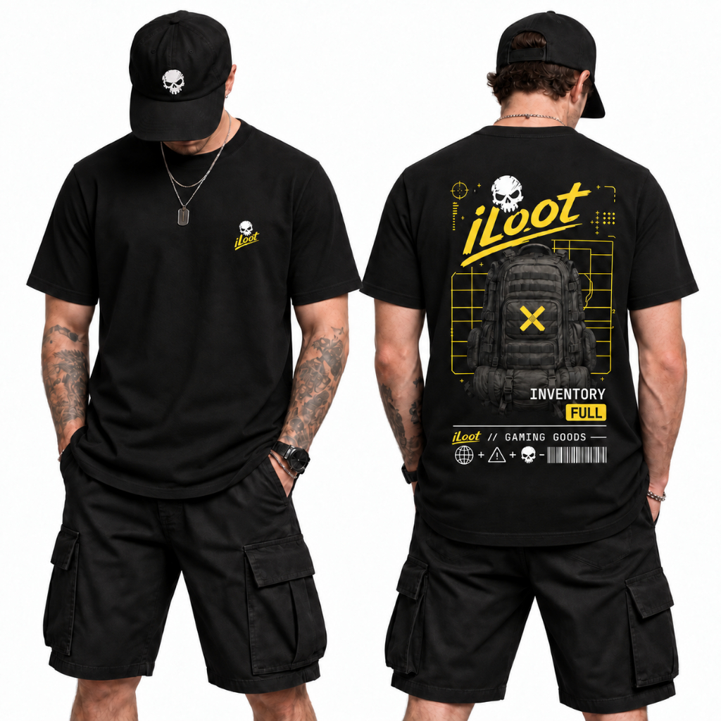 Camiseta iLoot Inventory Full Gamer Preta Estampa Costas Gaming