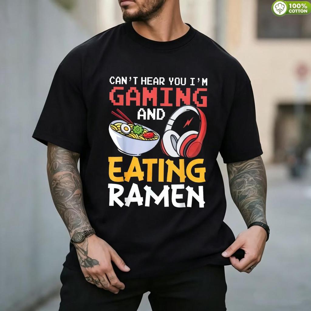 Casual, Camiseta Masculina, Estampa Gamer Comendo Ramen Can't Hear You I'm Gaming And Eating Ramen, Uso Diário/Verão, Pa