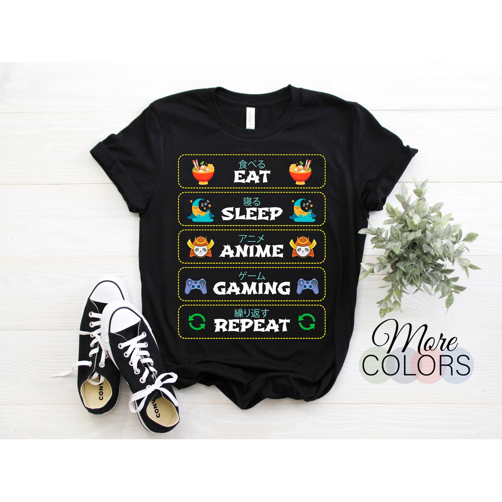 Camiseta Feminina Com Design Gaming de Cores Vividas e Estilo Casual Mostrando Frases Eat Sleep Anime Gaming Repeat em L