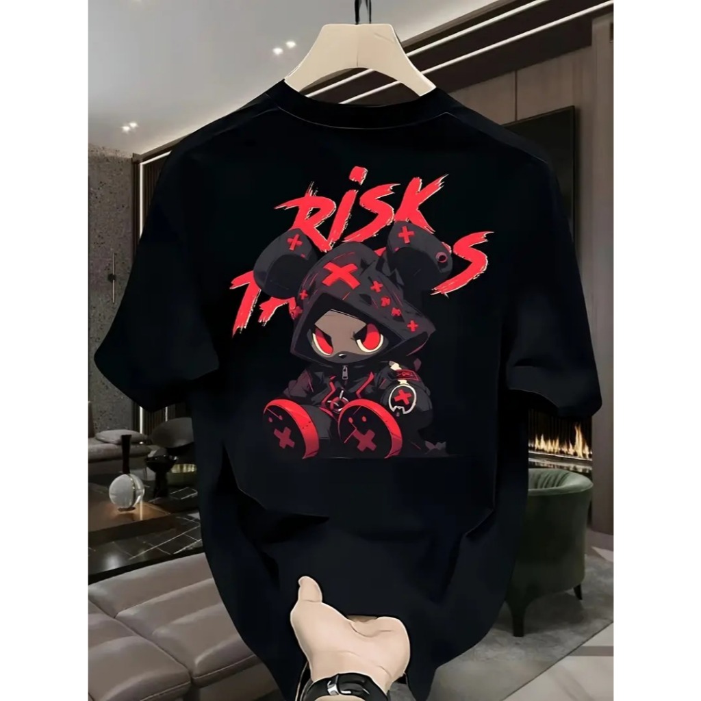 Camiseta Masculina 100% Algodão Pesado com Estampa RISK & Anime Japonês Design Gaming Preto Vermelho