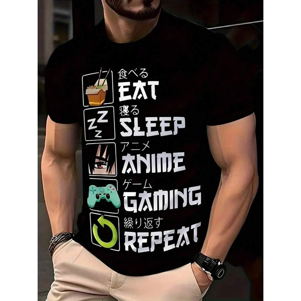 Camiseta Basica Anime Eat Sleep Anime Gaming Repeat Fala Japones Camisa Unissex 100% Algodão