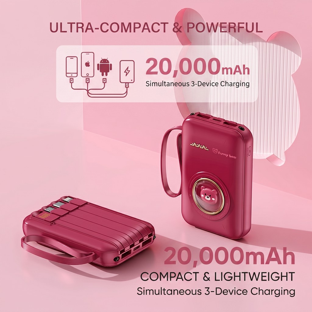 Mini Powerbank 20000mAh Carregamento Rápido 5 Saídas + 2 Entradas Portátil Embutido 4 Cabos Display LED Digital