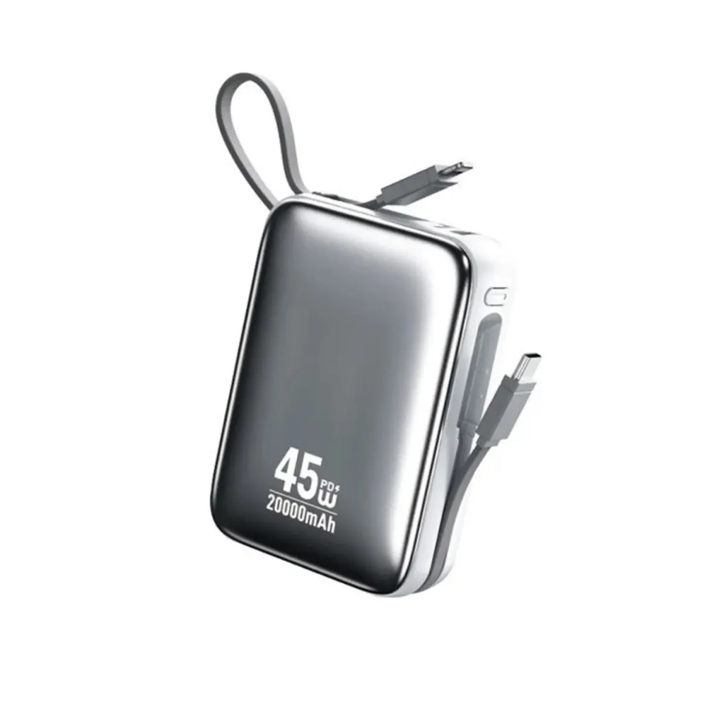 Mini Power Bank Portátil 20000mAh - Recarga Rápida e Compacto com Cabo Tipo C