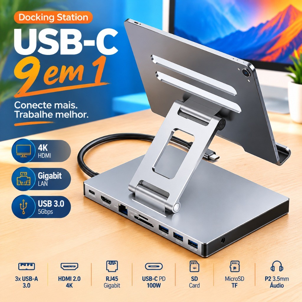 Docking Station Hub USB-C 9 em 1 com Suporte para Tablet HDMI 4K LAN Gigabit USB 3.0