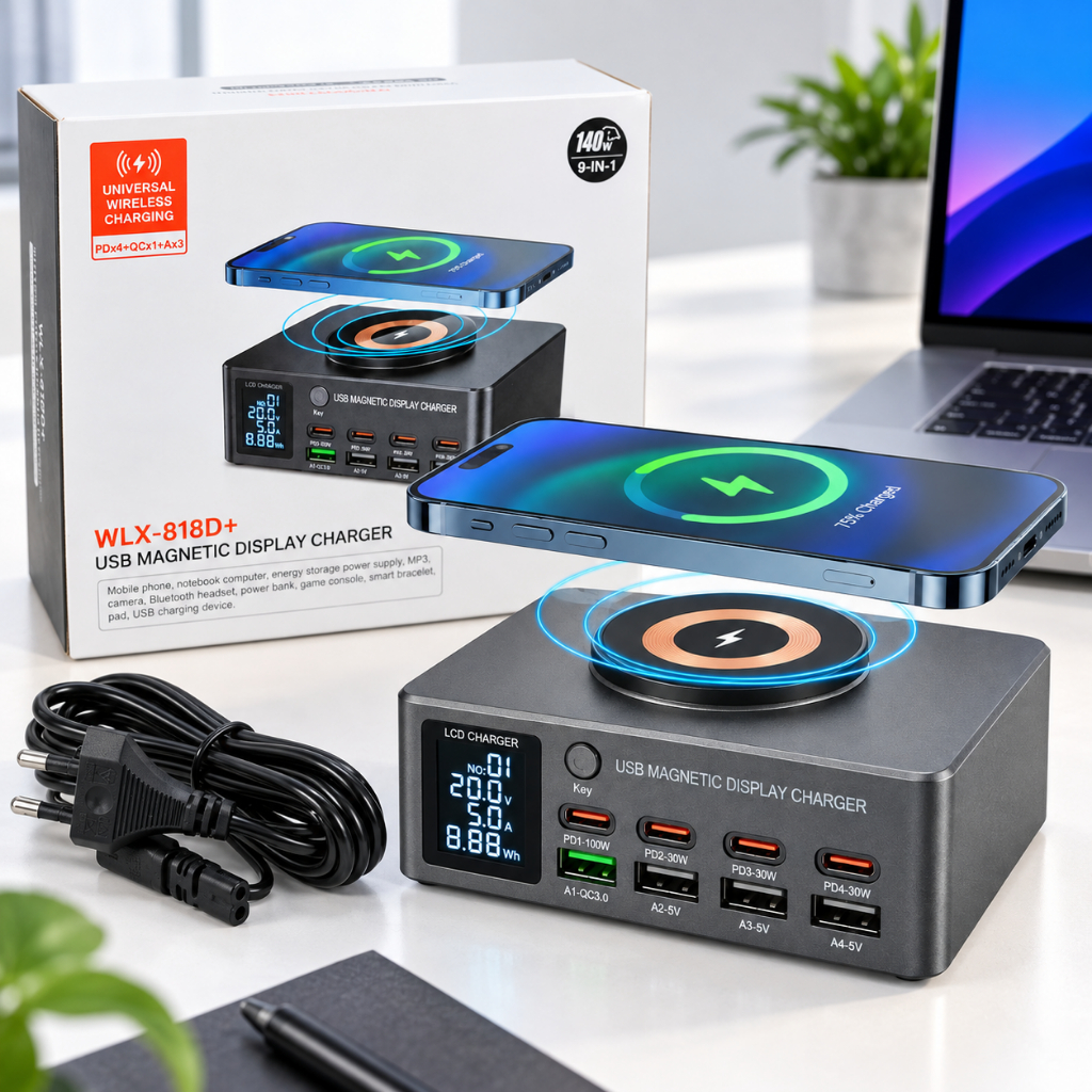 Carregador Bancada 140W USB Fast Charger 9 em 1 USB-C PD 100W 8 Portas Wireless