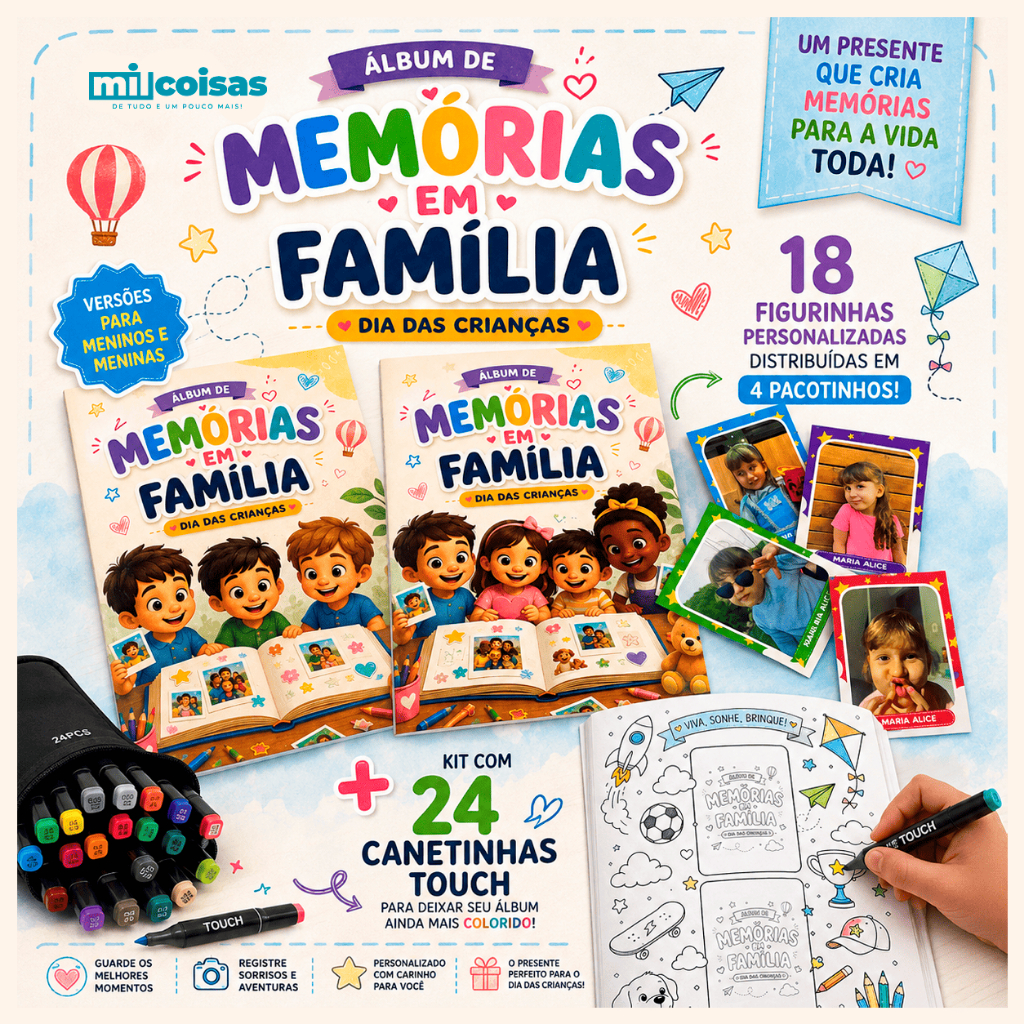 Álbum de Figurinhas Personalizado Dia das Crianças + 18 Figurinhas + 24 Canetinhas Touch