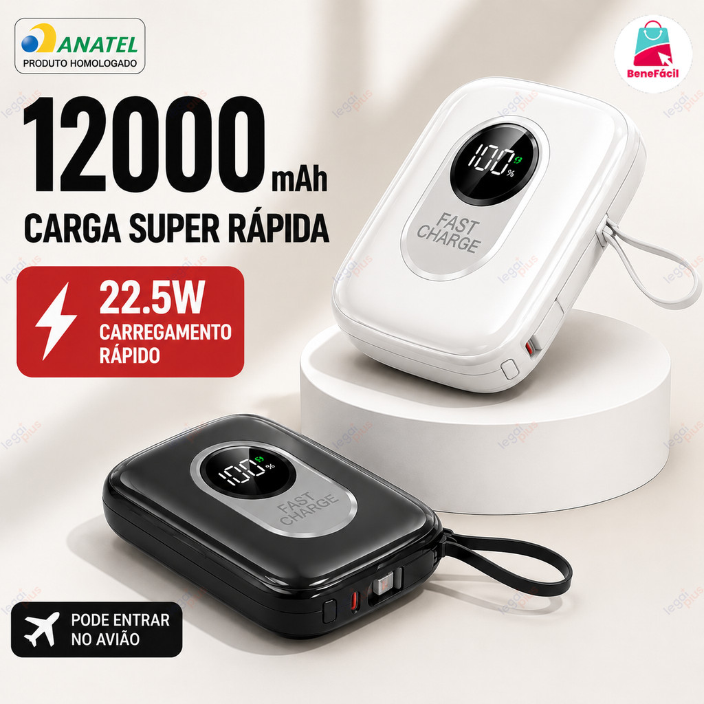 Carregador Portátil Slim 12000mAh com LED, Cabos Acoplados, Fast Charging, Compatível com iOS e Android