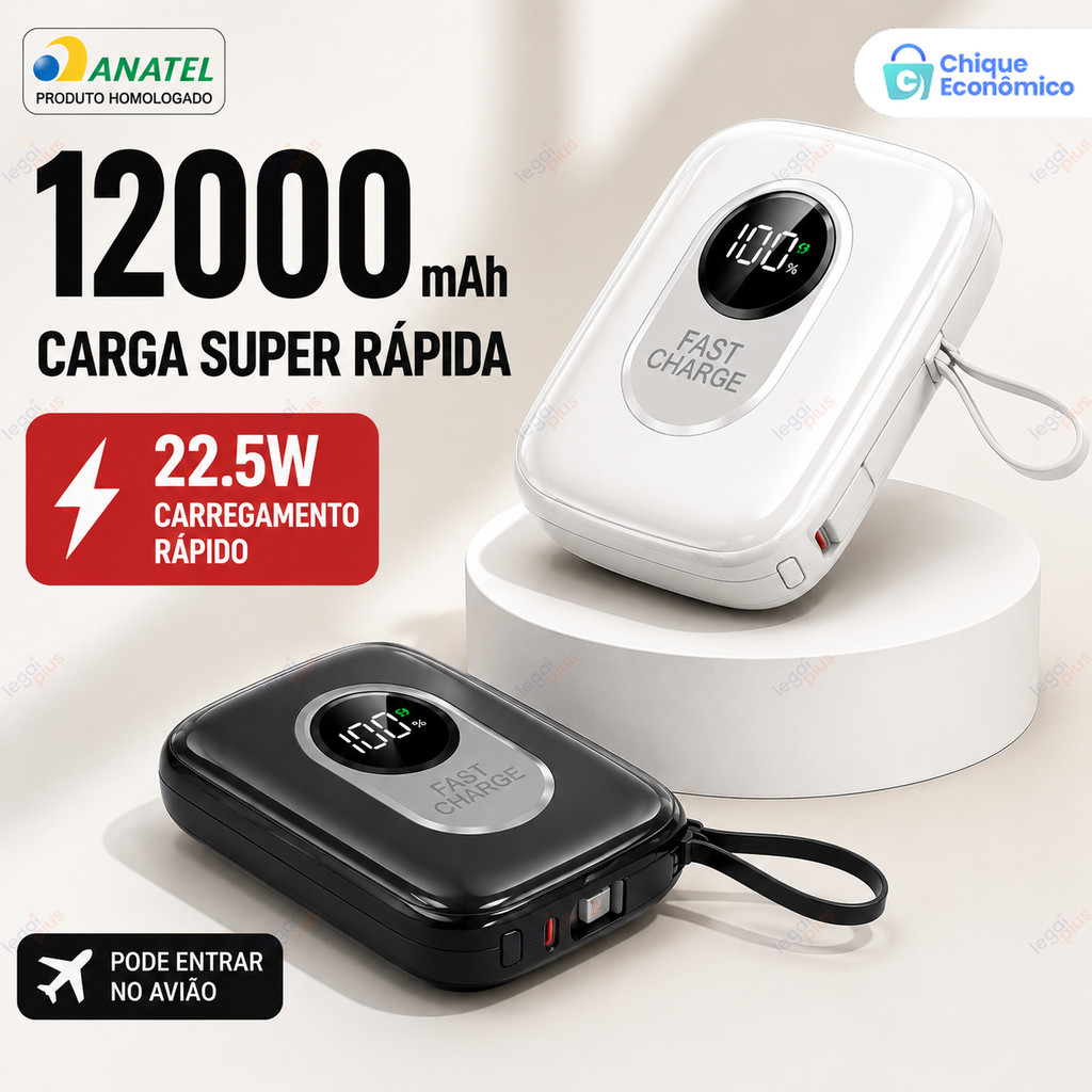 Carregador Portátil Slim 12000mAh com LED, Cabos Acoplados, Fast Charging, Compatível com iOS e Android