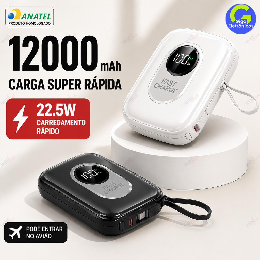 Carregador Portátil Slim 12000mAh com LED, Cabos Acoplados, Fast Charging, Compatível com iOS e Android