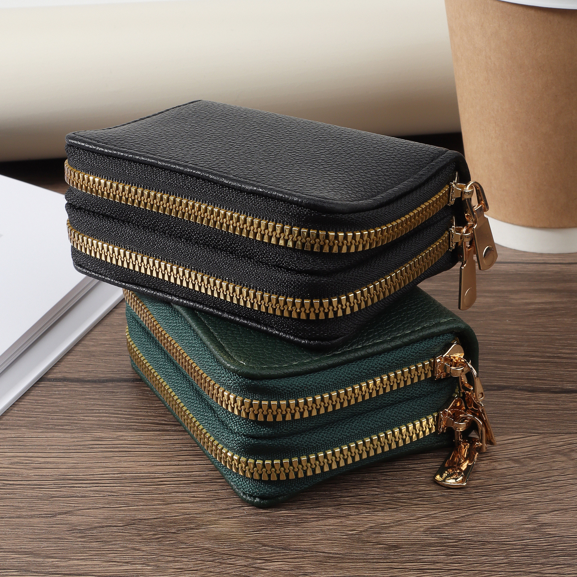 Carteira Minimalista Feminina, Prática Bolsa de Moeda com Dupla Zíper, Clutch Curta Portátil