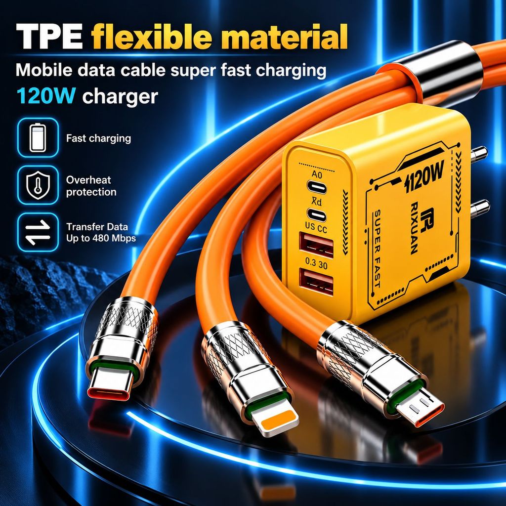 Kit Completo Carregador 120W + Cabo TPE 3 em 1 Type C Lightning Micro USB Carga Rápida