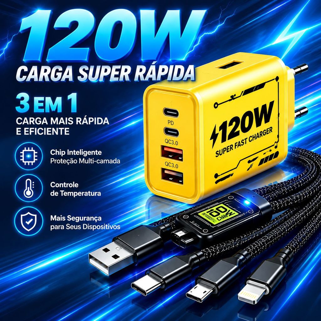 Kit Completo 120W Carregador Multiportas com Cabo 3 Pontas LED Type C iOS Micro USB