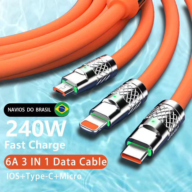 Cabo De Carregamento De Liga De Zinco 3 Em 1 120W 6A Super Rápido Para Cabos Micro USB Type C IOS Candy