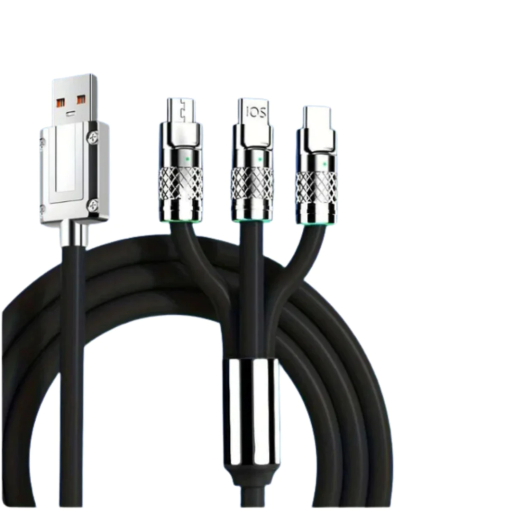 Cabo Carregador Rápido 3 em 1 120W - USB C, Lightning e Micro USB - Compatível Android iOS