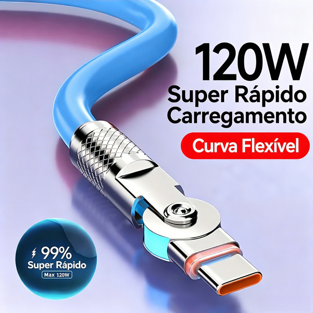 Cabo Carregamento Rápido 6mm 120W Giratório Entrada USB Saída Lightning Micro V8 Tipo C 1 metro iOS Anti-quebra