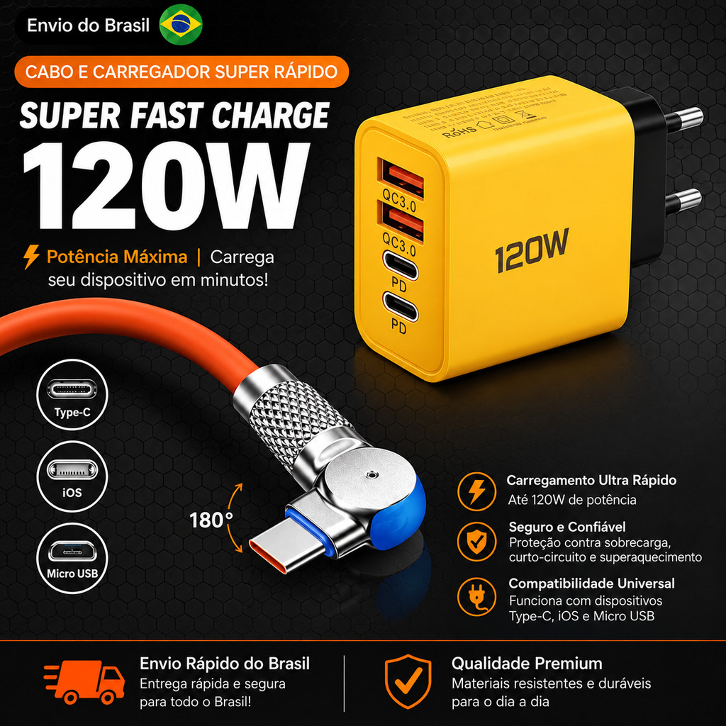 Cabo 120W Carregamento Rápido Multi Extremidades Tipo-C Micro V8 Lightning Resistente