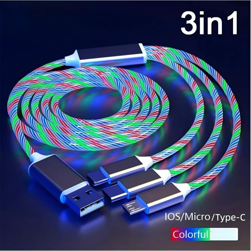 Cabo De Carregamento Rápido Luminoso 3 Em 1 1.2M 240W/120W Carregador Para iPhone Android Lightning Type C Micro USB