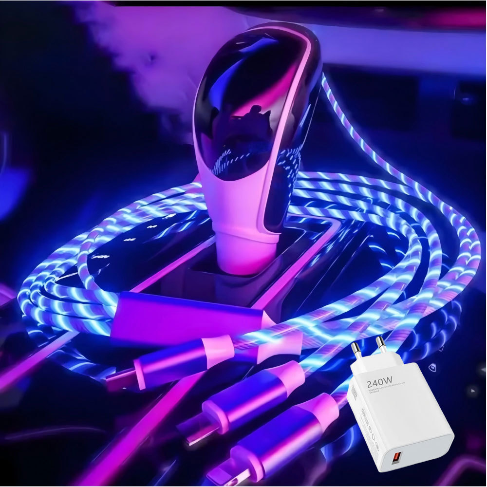 Cabo De Dados De Carregamento Rápido Brilhante 3 Em 1 240W 120W 1.2M Type C Micro USB Lightning Para iPhone Android