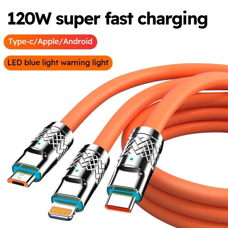 Cabo De Carregamento 3 Em 1 Type C Lightning Micro USB Carga Rápida 120W Carregador Múltiplo