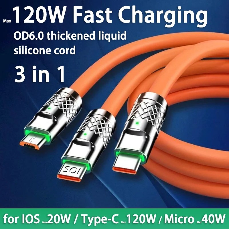 Cabo De Carregamento 120W 3 Em 1 Type C Lightning Micro USB Carregador Múltiplo De Carga Rápida