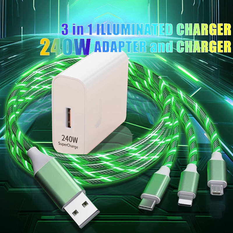 Cabo De Dados De Carregamento Rápido Luminoso 3 Em 1 Para Relâmpago Micro USB Tipo C 240W 120W 1.2M Carregador IPhone An