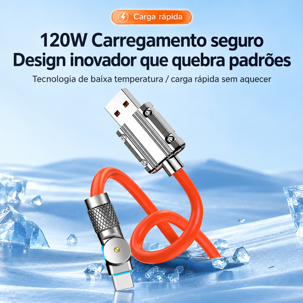 Cabo Turbo 120W para iPhone Android Type-C Micro USB, Rotação 180°, Carregamento Rápido e Resistente