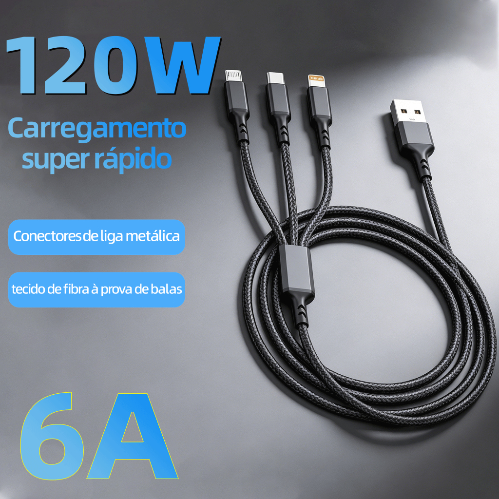 Cabo 120w 3 em 1 de carregamento ultrarrápido para V8 Micro USB Tipo C iphone lightning 1.2m