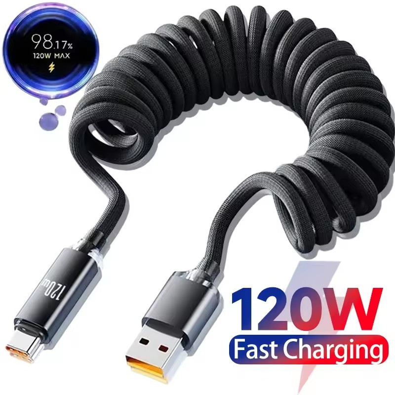 Cabo De Dados De Mola De Carro 120W Retrátil USB C Para Tipo Carregamento Rápido Iphone Samsung Duplo Micro 1m 2m