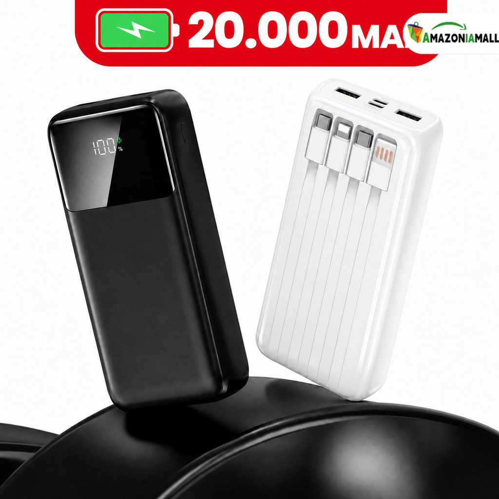 Power Bank 20000mAh: Ultra-Rápido, Carregador Portátil, Visor Digital e 4 Portas USB