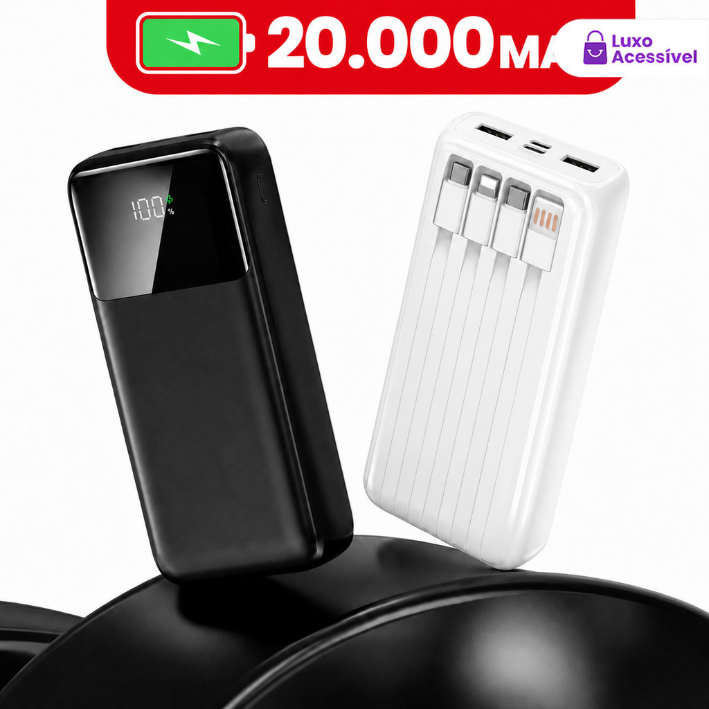 Power Bank 20000mAh: Carregamento Ultra-Rápido, Carregador Portátil, 4 Portas USB e Visor Digital