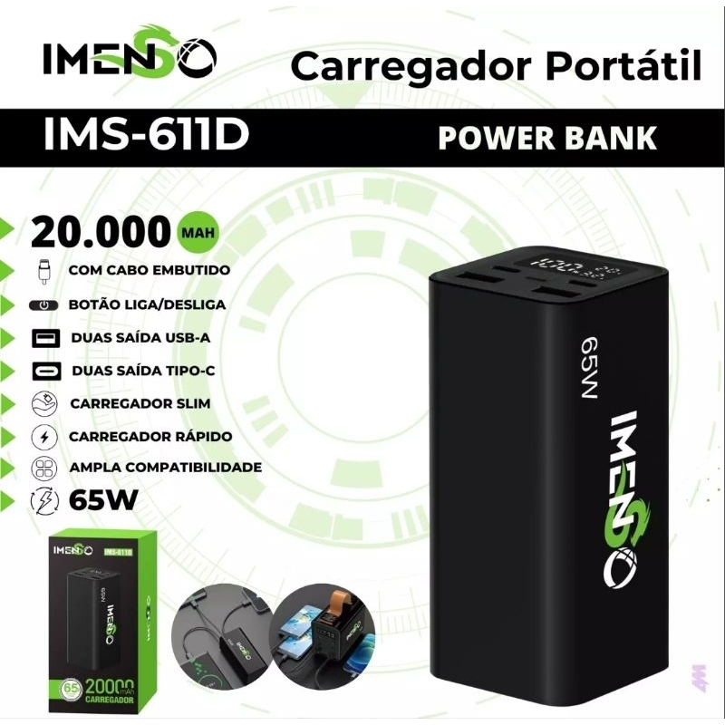Carregador Portátil Celular Notebook Imenso IMS-611D Slim Ultra Rápido 65w 20000mah
