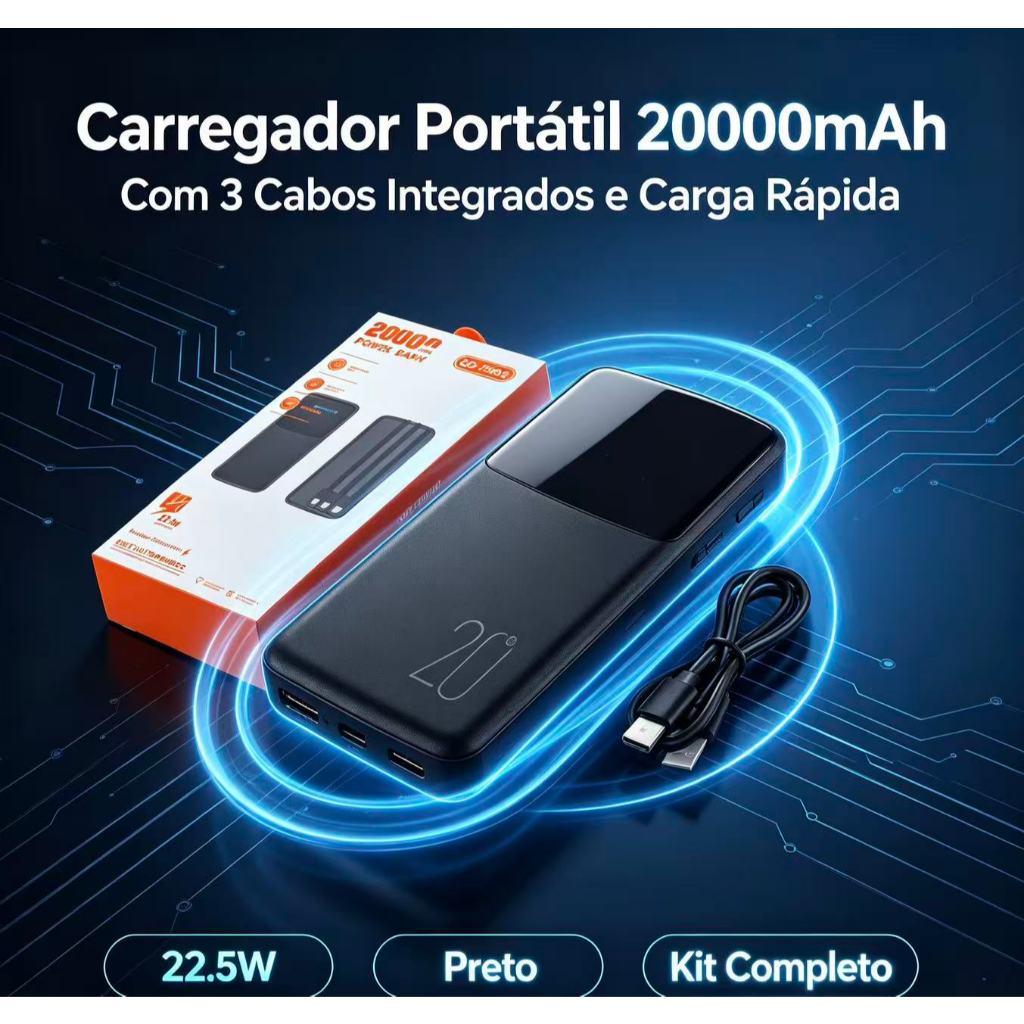 Power Bank 20000mAh com Visor Digital: Carregamento Ultra-Rápido e 3 Portas USB, Carregador Portátil