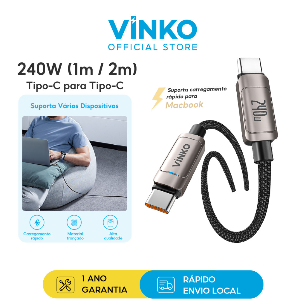 Vinko Cabo Usb C/Tipo C 240w Para Celular/Tablets/Notebook 1m/2m Compatível com Android/Macbooks N1001