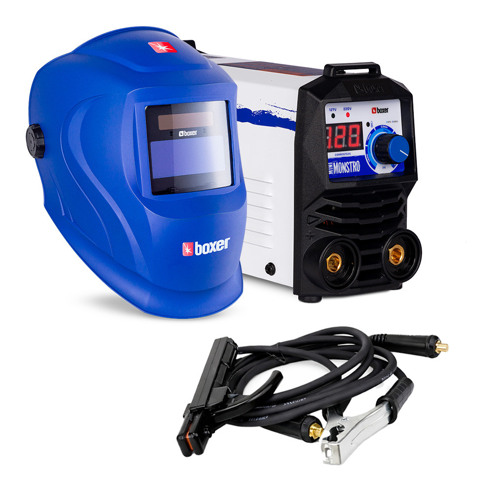 Inversora de Solda Boxer Mini Monstro 120A TIG (DC) e Eletrodo (MMA) Bivolt (110V/220V) + Máscara Automática Optiarc 70