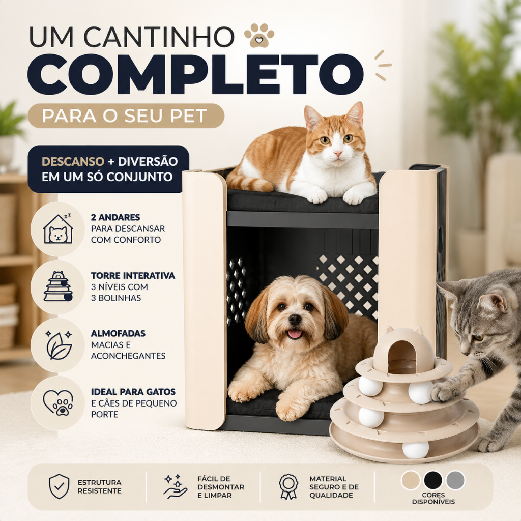Casa De Gato Cachorro Dois Andares com colchonete Beliche Pet Stand Porte Pequeno Jel Plast