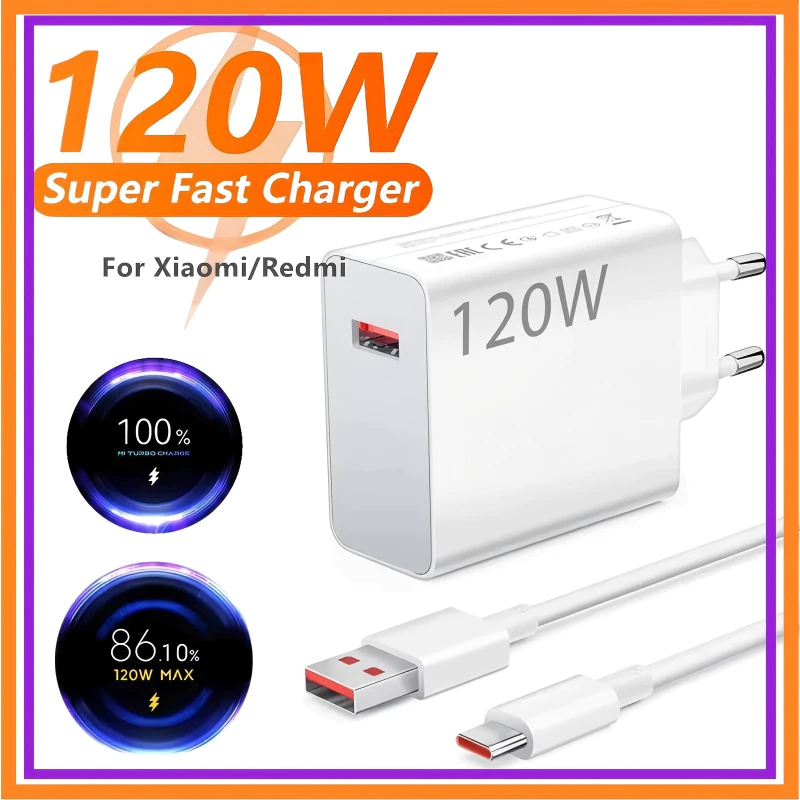 Kit Carregador 120W Para Xiaomi Com 6A USB C Cabo Fast Turbo Charge 12T 11T Pro 12 Lite 12X, Redmi Note 11 11S 10 Pro