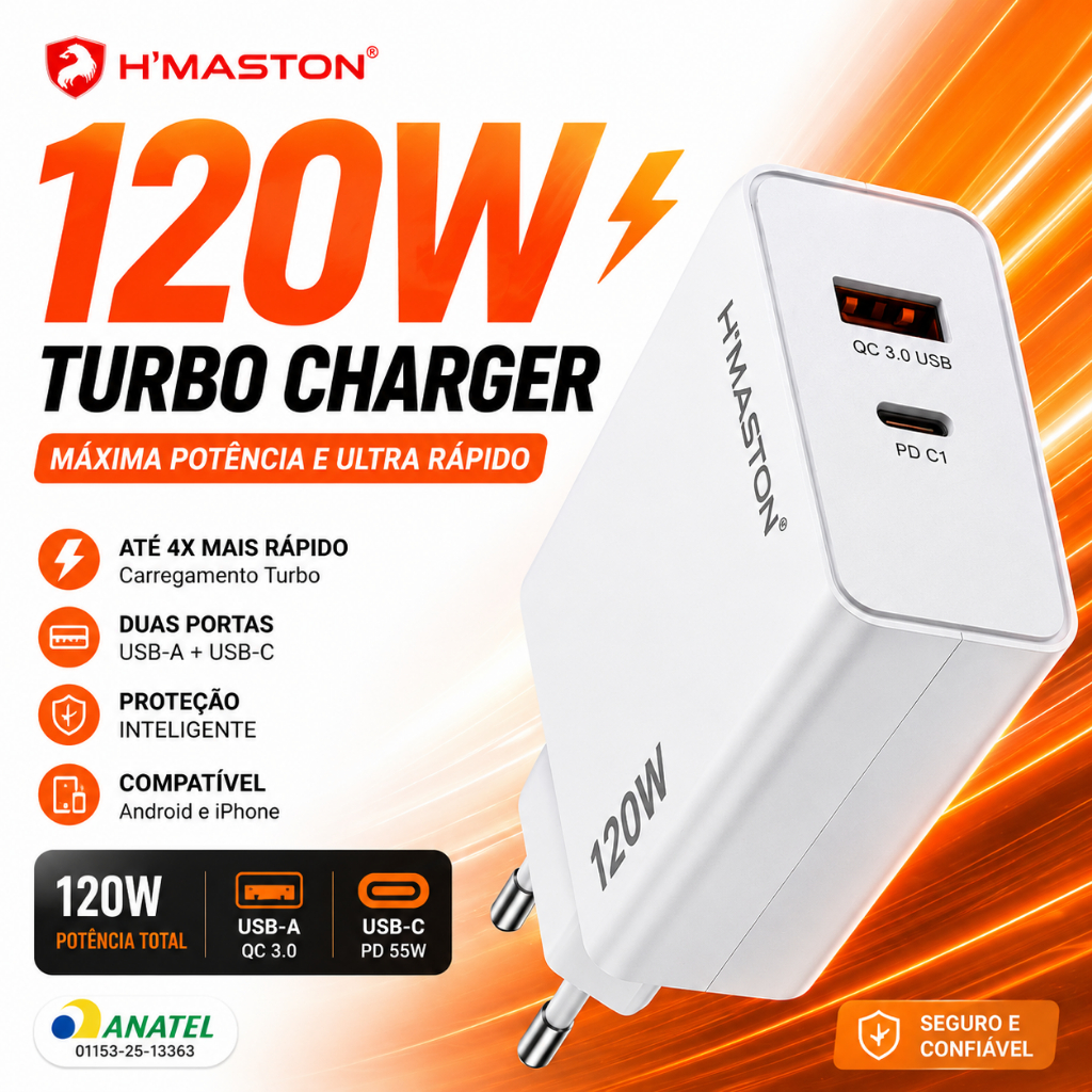 Carregador Turbo 120W USB-C + USB Fast Charge